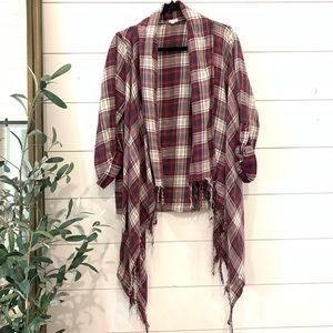 En Creme Plaid Flannel Fringe Open Cardigan